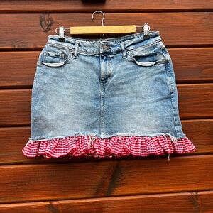 Reworked denim skirt with red gingham ruffle, denim mini skirt 🧺